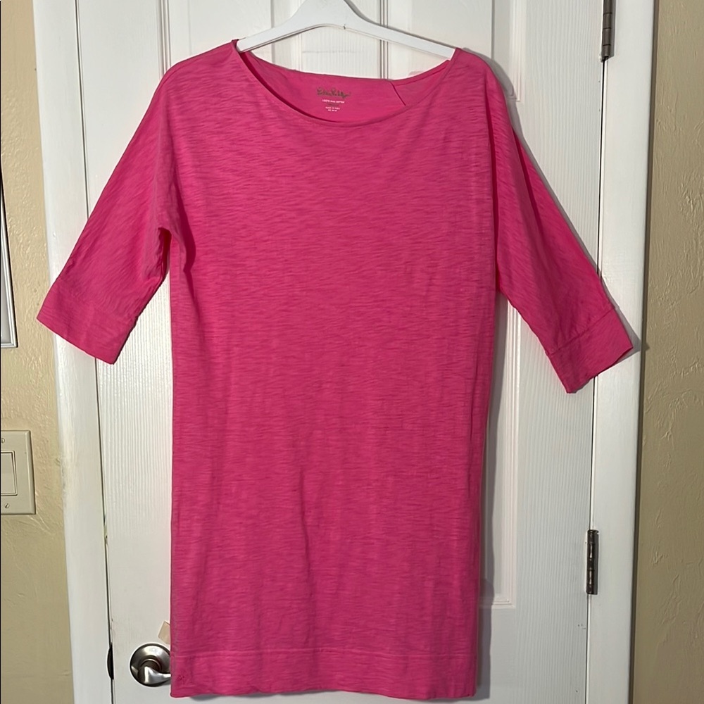 Lilly Pulitzer Cassie 3/4 sleeve 100% Pima cotton midi pink dress boat neck Med